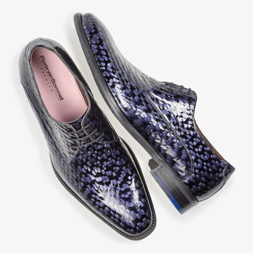Premium blue printed patent leather lace shoe