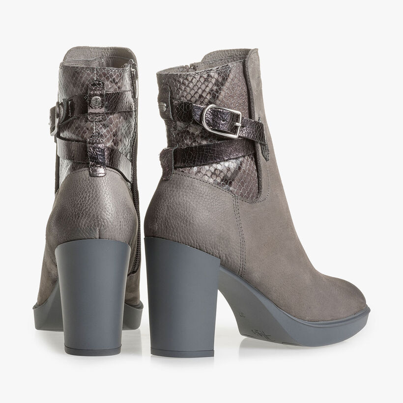 Grey nubuck leather ankle boots with snake print