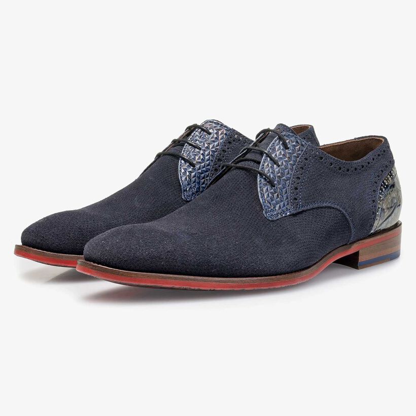 Blue printed suede leather lace shoe