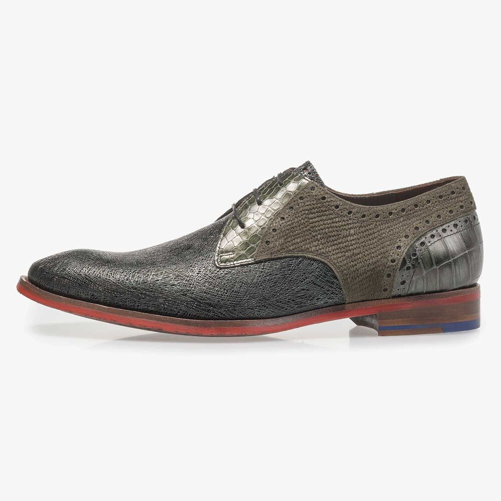 Dark green leather lace shoe with metallic print