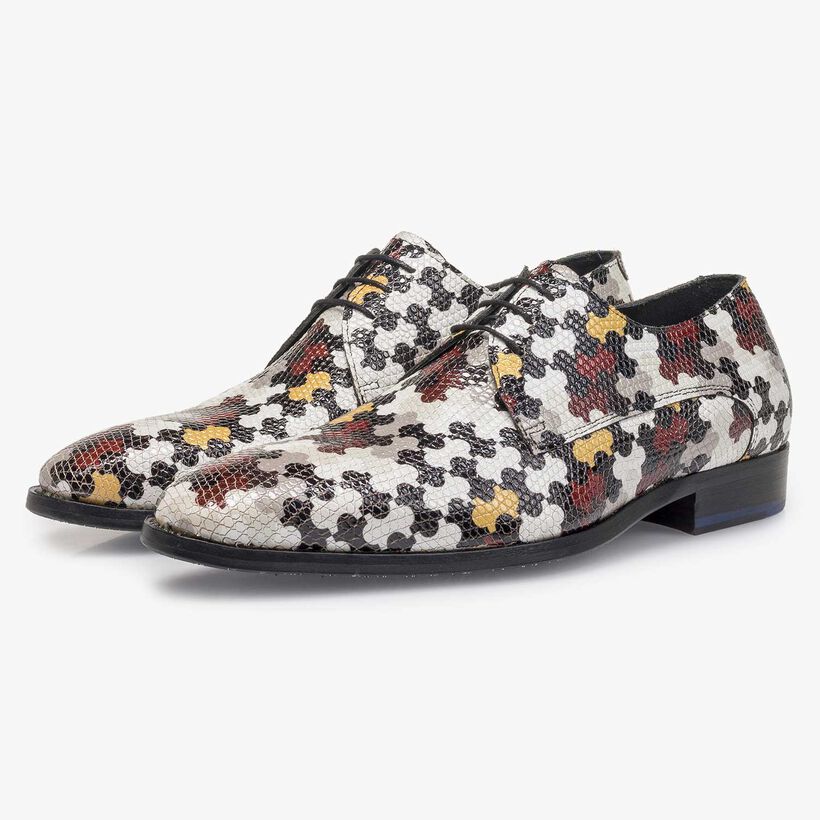 White calf leather lace shoe with multi-coloured print