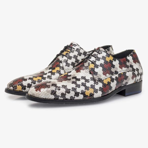 White calf leather lace shoe with multi-coloured print