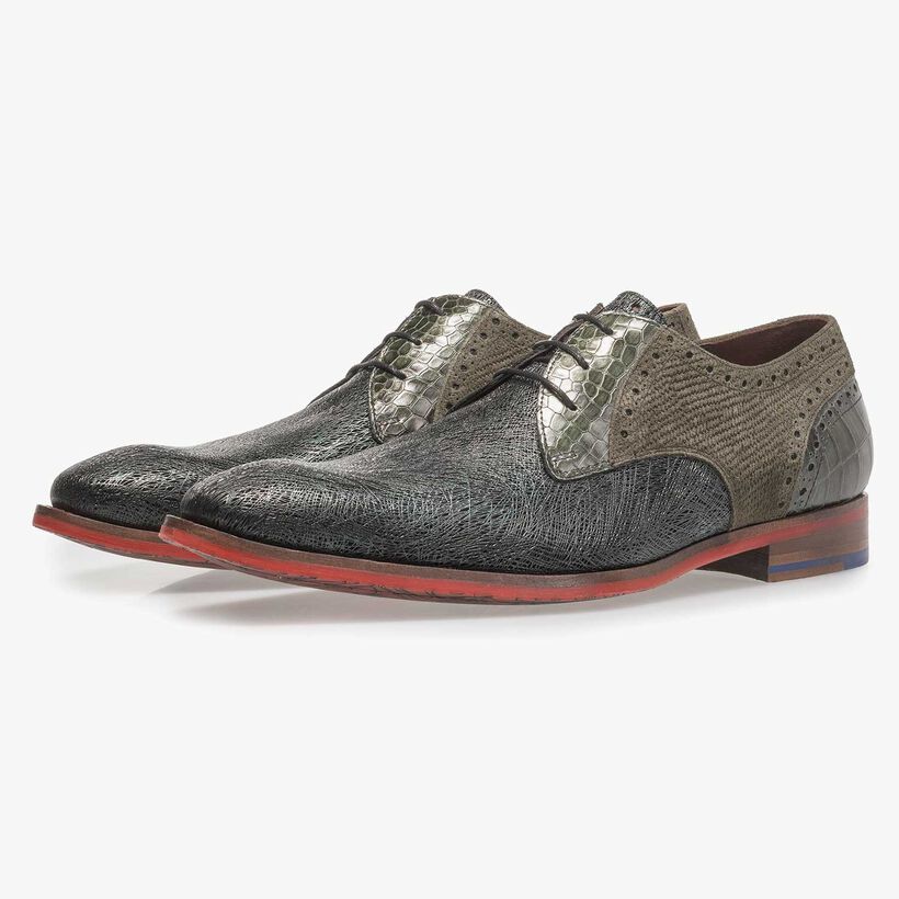 Dark green leather lace shoe with metallic print