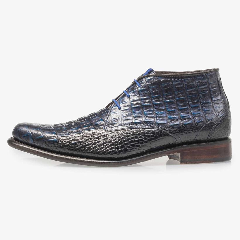 Blue leather lace boot with croco print