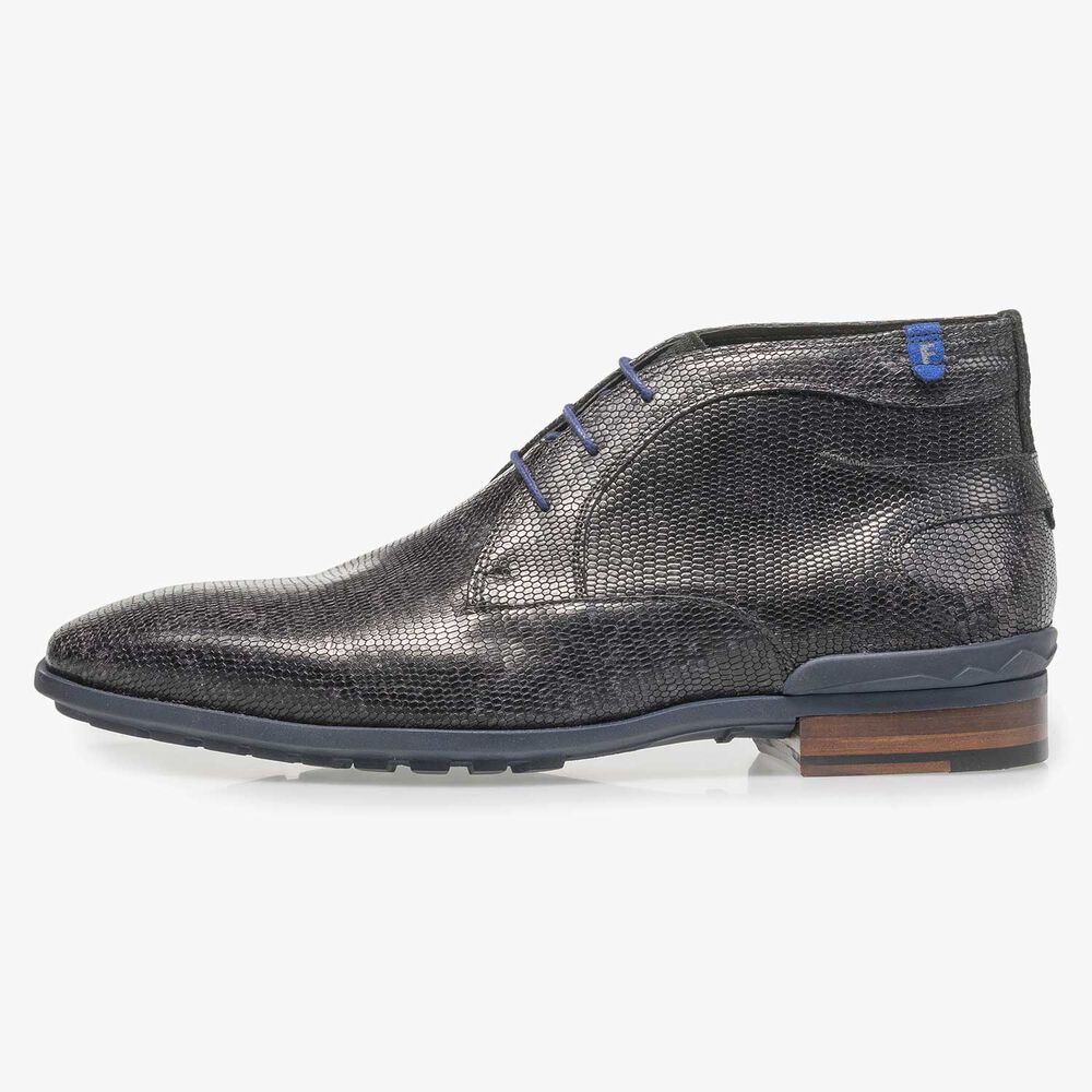 Black leather lace boot with lizard print