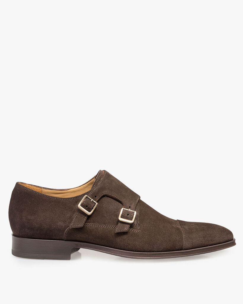 Dark brown calf suede leather monk strap