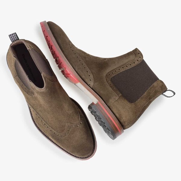 Brown/olive green calf suede leather Chelsea boot