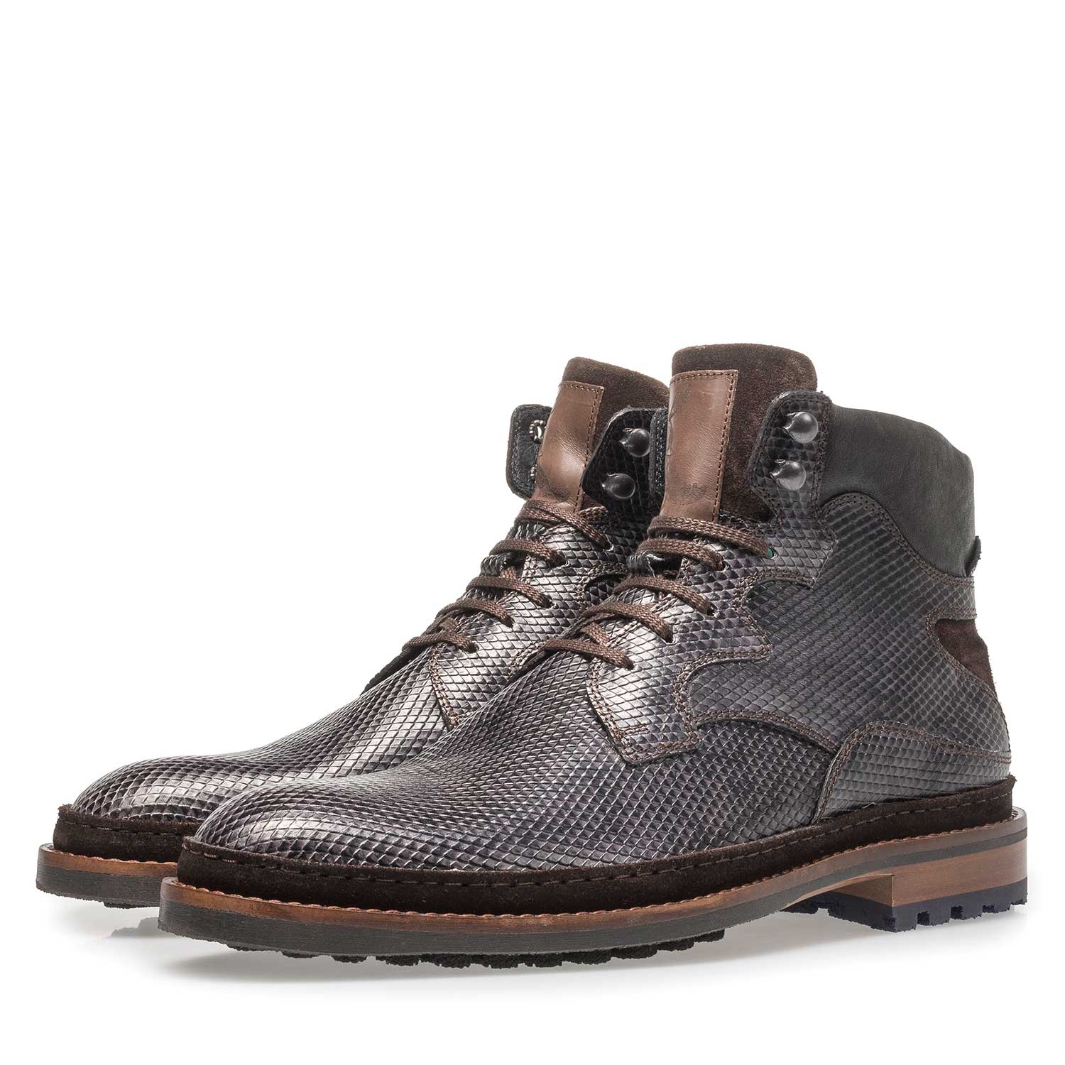 10503/04 - Dark grey leather lace boot with snake print 10503/04 - Dark grey leather lace boot with snake print