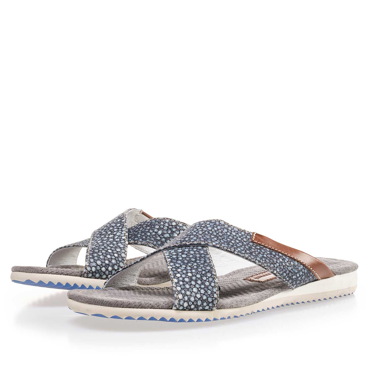 20023/19 - Blue, printed leather slipper with cross straps 20023/19 - Blue, printed leather slipper with cross straps