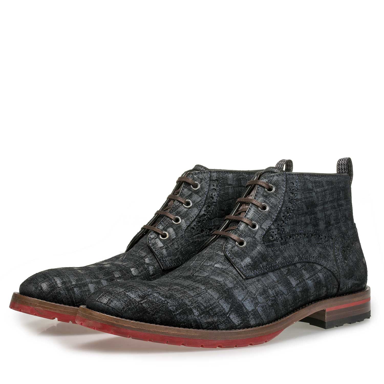 10317/08 - Blue suede leather lace boot with a check pattern 10317/08 - Blue suede leather lace boot with a check pattern