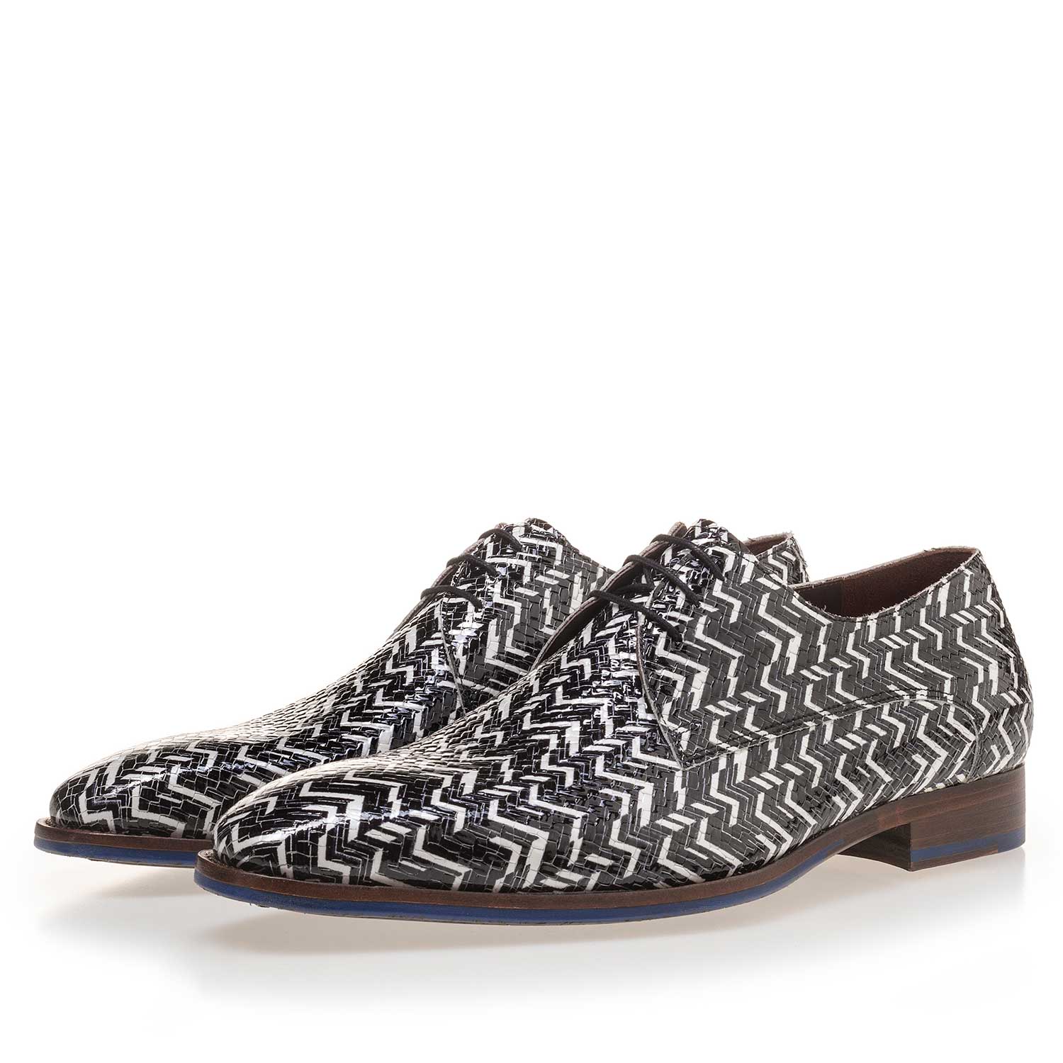 14146/02 - Black/White, patent leather lace shoe with pattern 14146/02 - Black/White, patent leather lace shoe with pattern