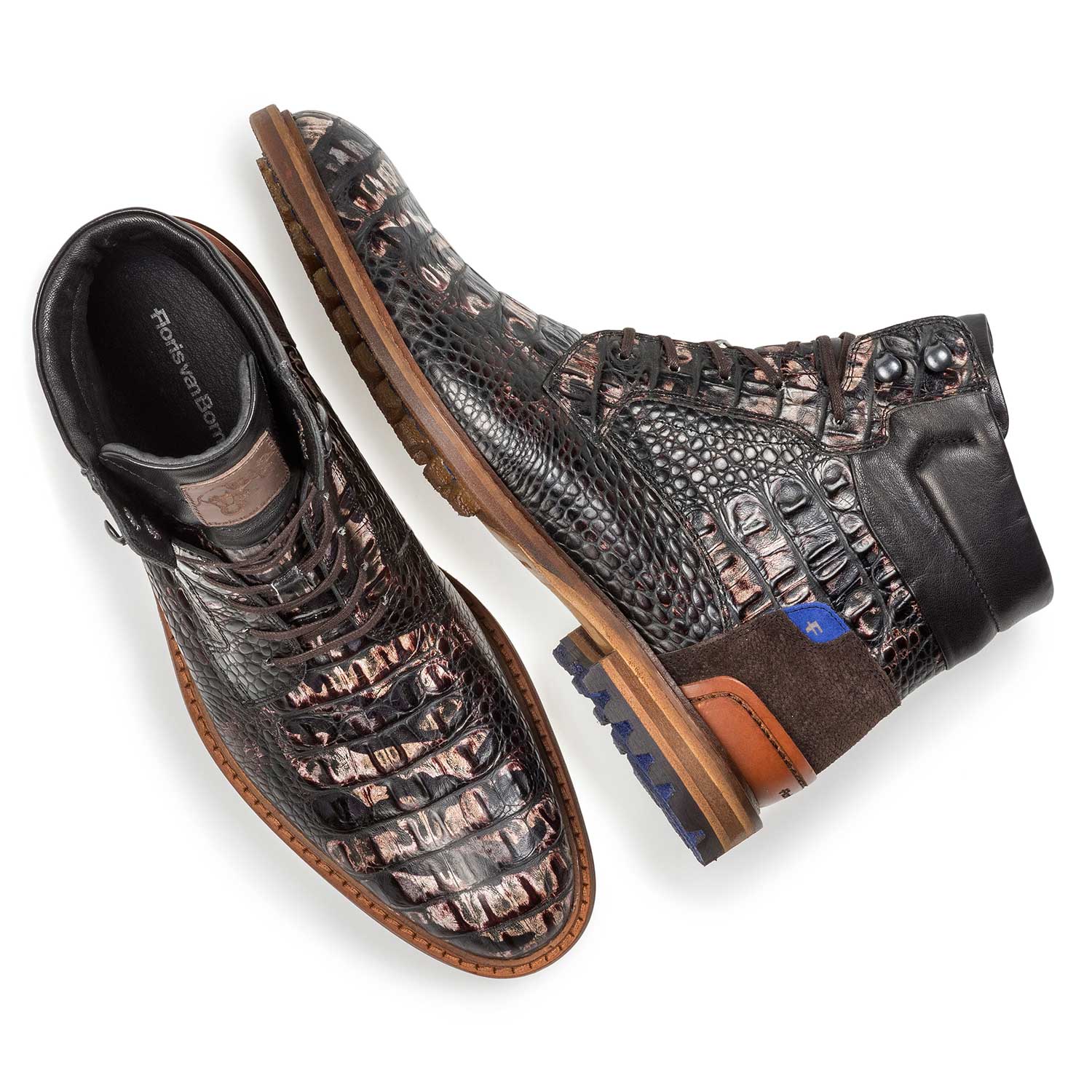 10234/18 - Dark brown leather lace boot with croco print 10234/18 - Dark brown leather lace boot with croco print