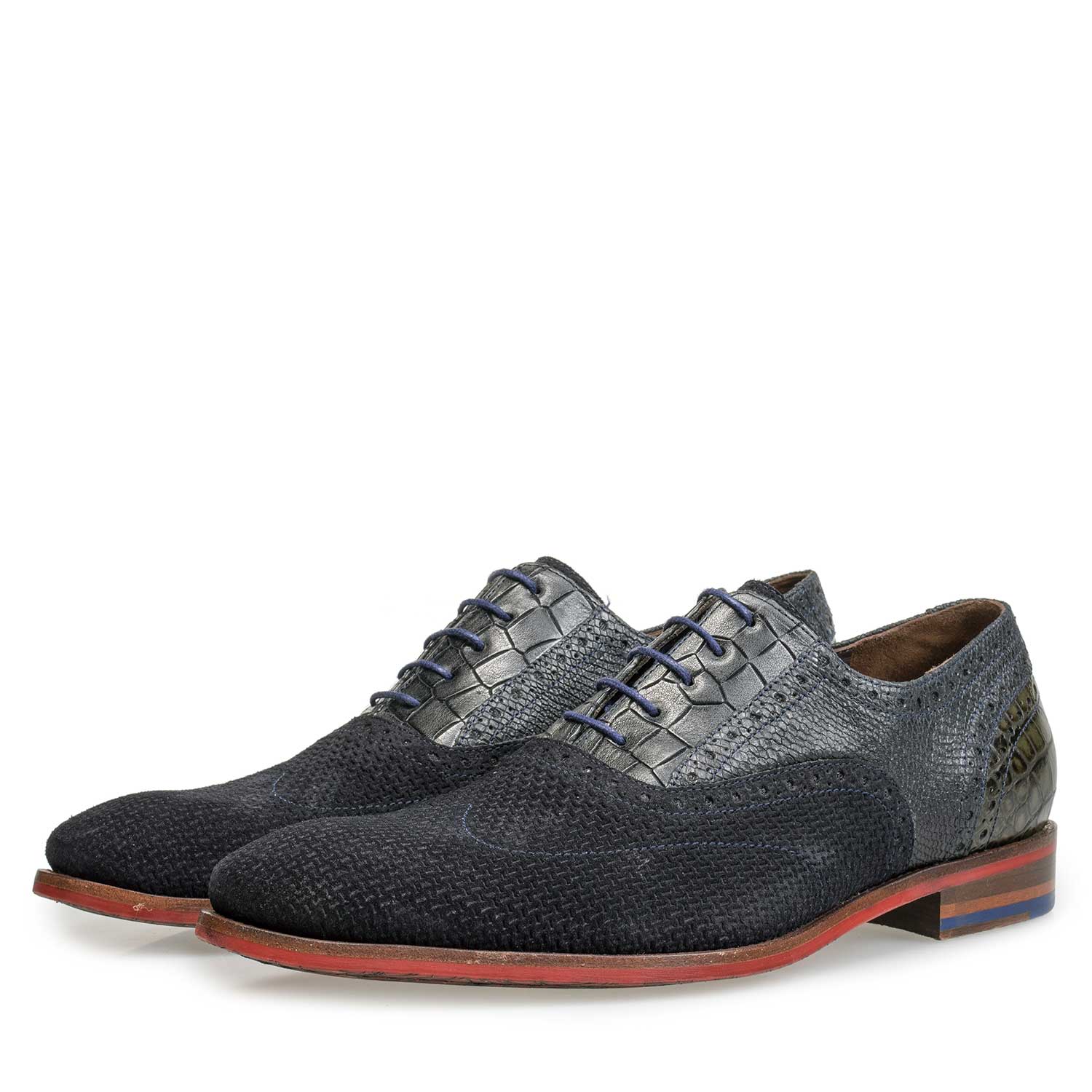 19114/28 - Blue calf’s suede leather lace shoe with pattern 19114/28 - Blue calf’s suede leather lace shoe with pattern