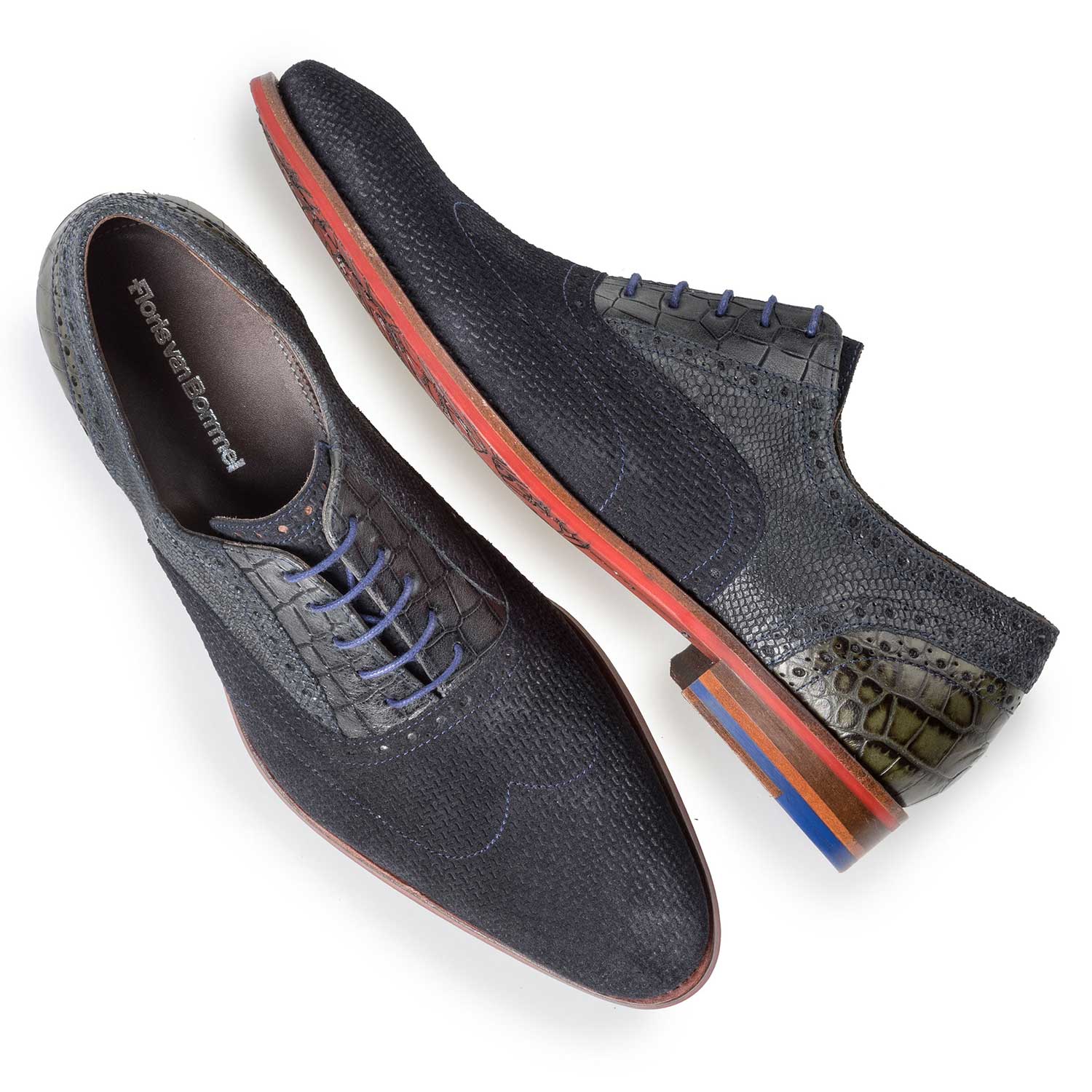 19114/28 - Blue calf’s suede leather lace shoe with pattern 19114/28 - Blue calf’s suede leather lace shoe with pattern
