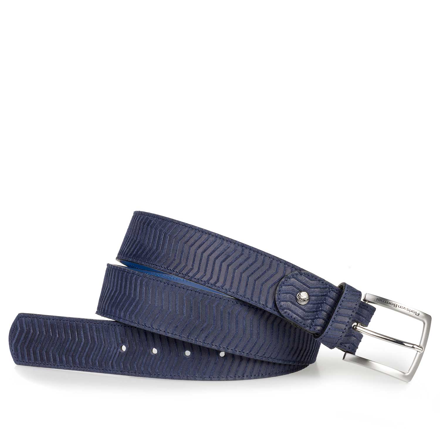 75184/14 - Dark blue suede leather belt with a zig-zag print 75184/14 - Dark blue suede leather belt with a zig-zag print