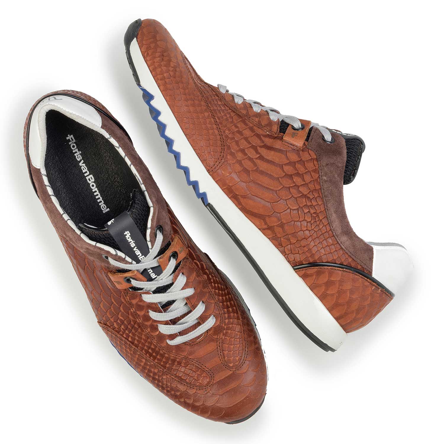 16219/03 - Cognac-coloured leather sneaker with a snake print 16219/03 - Cognac-coloured leather sneaker with a snake print