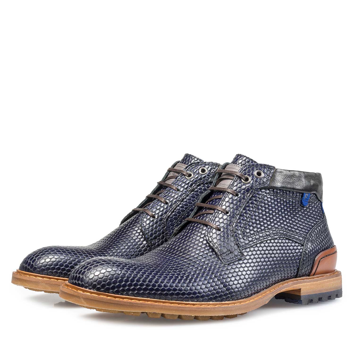 10228/07 - Dark blue leather lace boot with a structural print 10228/07 - Dark blue leather lace boot with a structural print