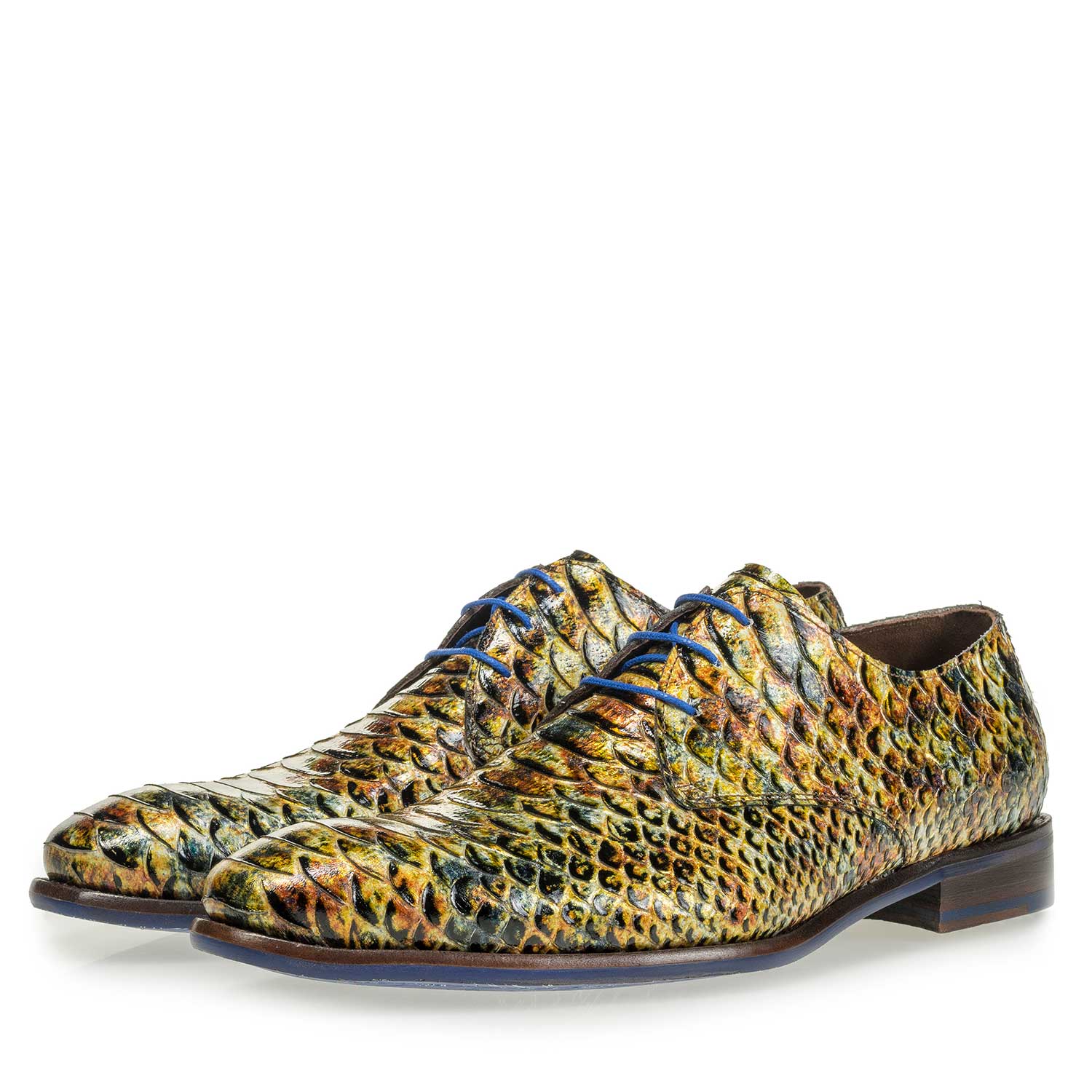 18121/03 - Yellow and brown patent leather snake print lace shoe 18121/03 - Yellow and brown patent leather snake print lace shoe