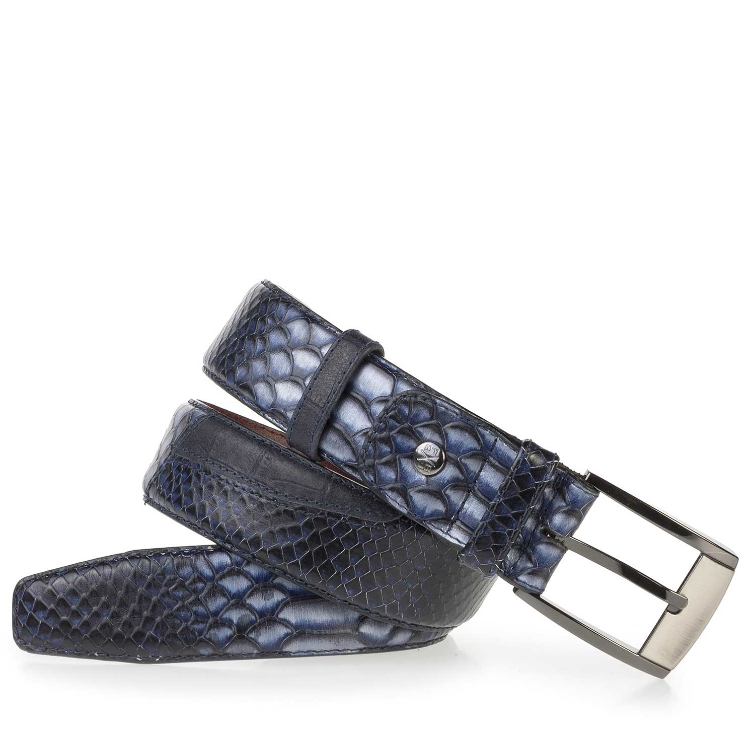 75176/05 - Dark blue calf's leather belt with snake print 75176/05 - Dark blue calf's leather belt with snake print