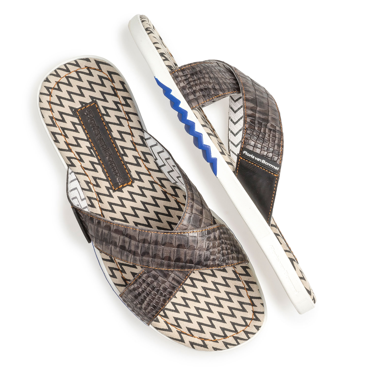 20200/11 - Dark grey nubuck leather cross strap slipper with print 20200/11 - Dark grey nubuck leather cross strap slipper with print