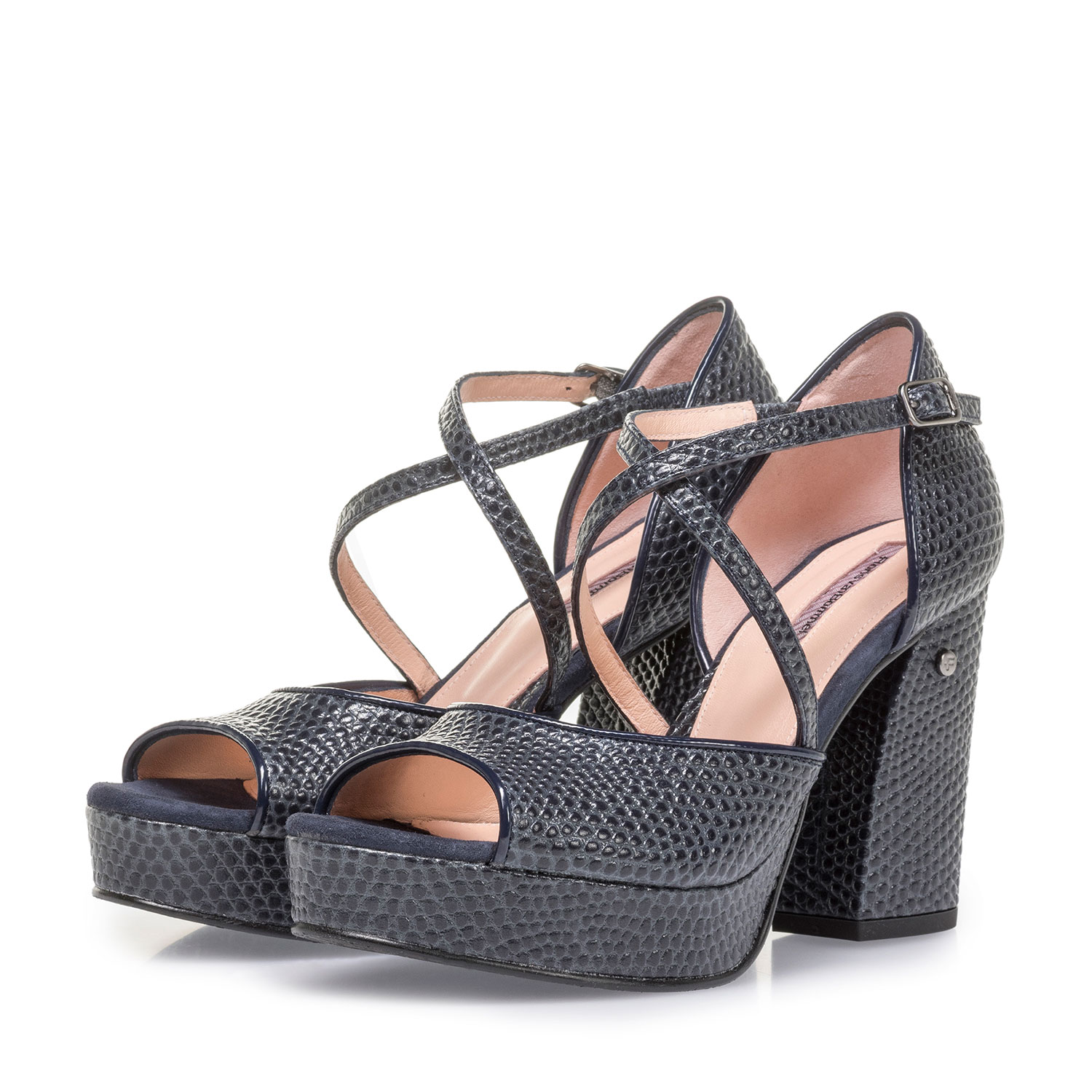 85940/00 - Dark blue high-heeled leather sandals with print 85940/00 - Dark blue high-heeled leather sandals with print