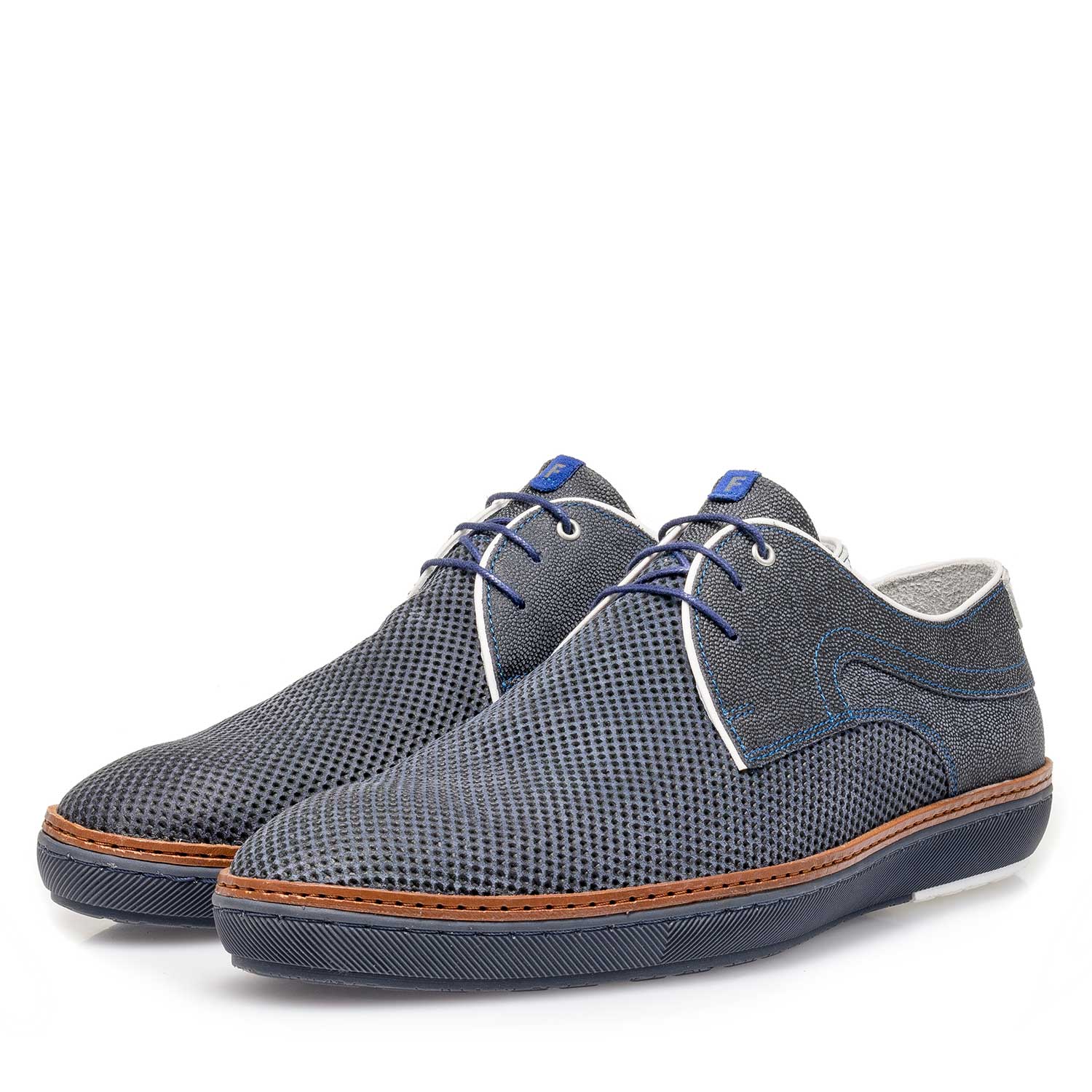 14020/13 - Blue suede leather lace shoe with a mini print 14020/13 - Blue suede leather lace shoe with a mini print