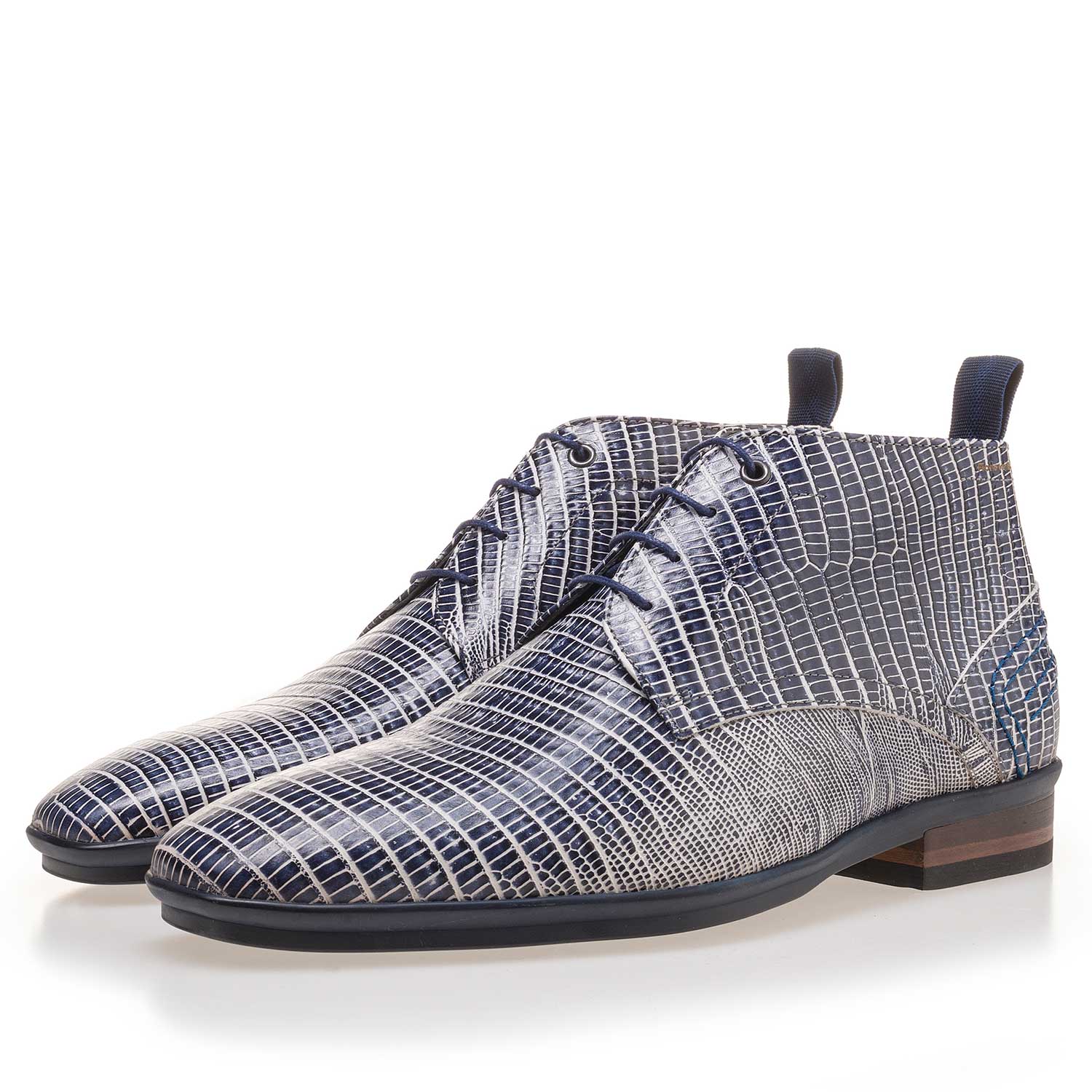 10960/12 - Blue leather lace boot finished with a lizard print 10960/12 - Blue leather lace boot finished with a lizard print
