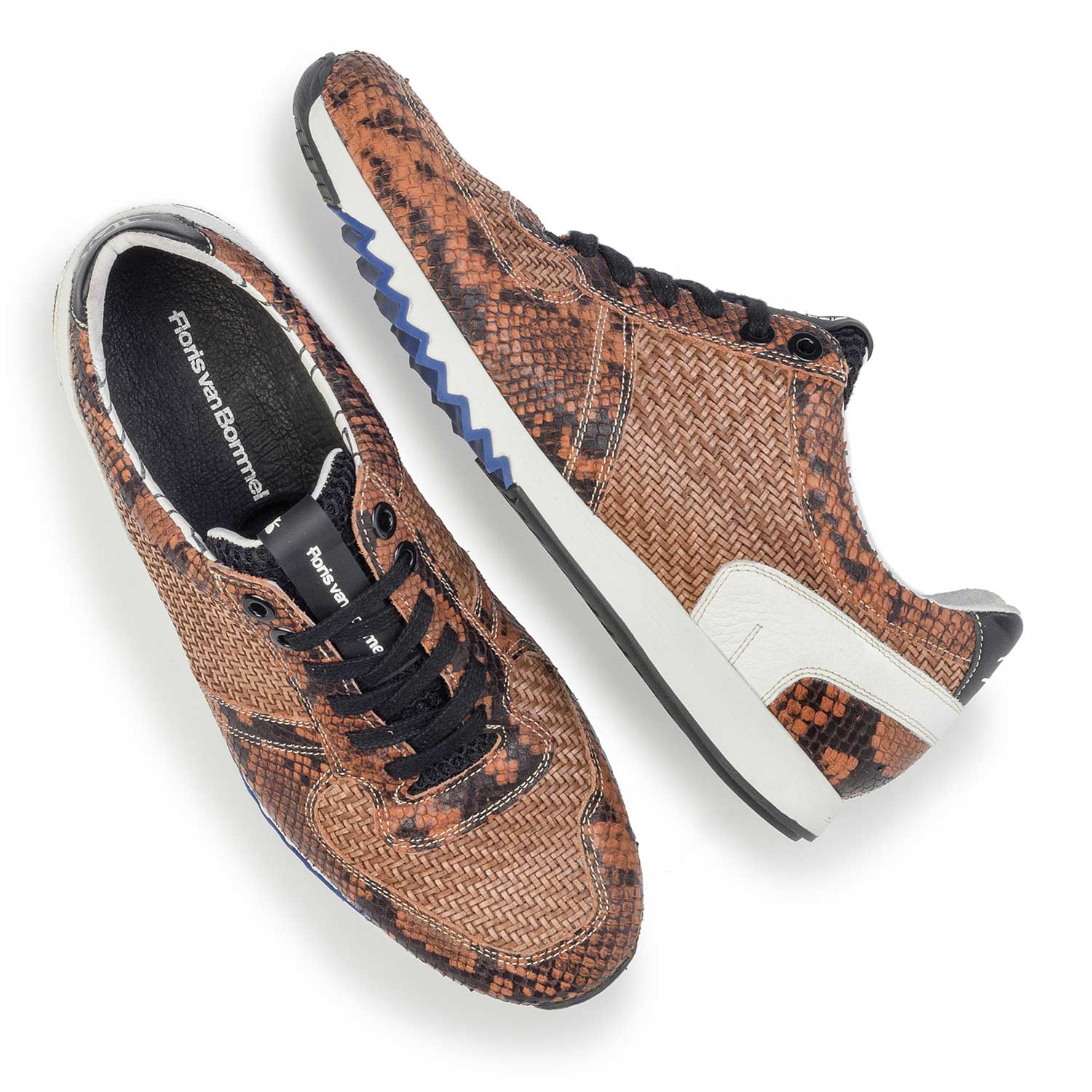 16171/06 - Cognac-coloured leather sneaker finished with a snake print 16171/06 - Cognac-coloured leather sneaker finished with a snake print