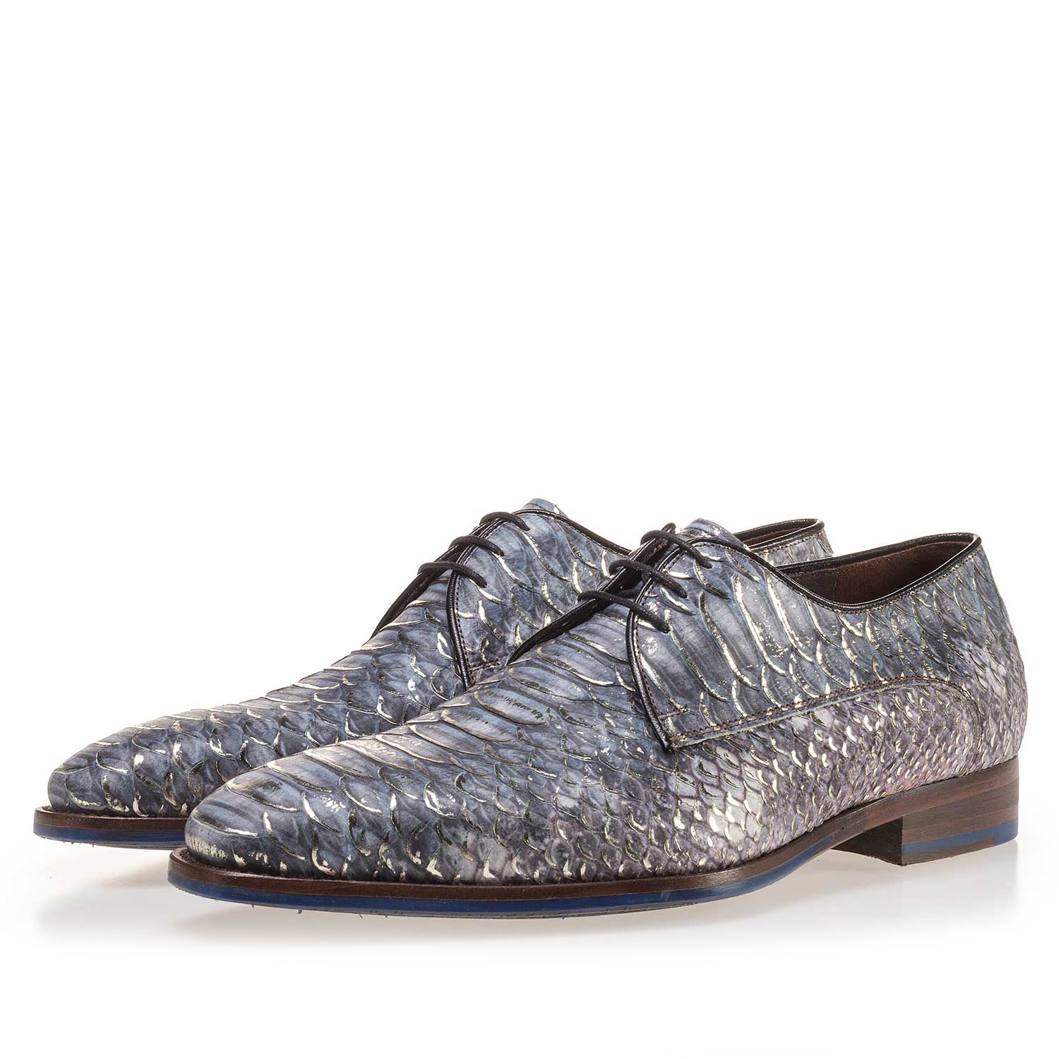 14170/00 - Premium blue leather lace shoe with a snake print 14170/00 - Premium blue leather lace shoe with a snake print