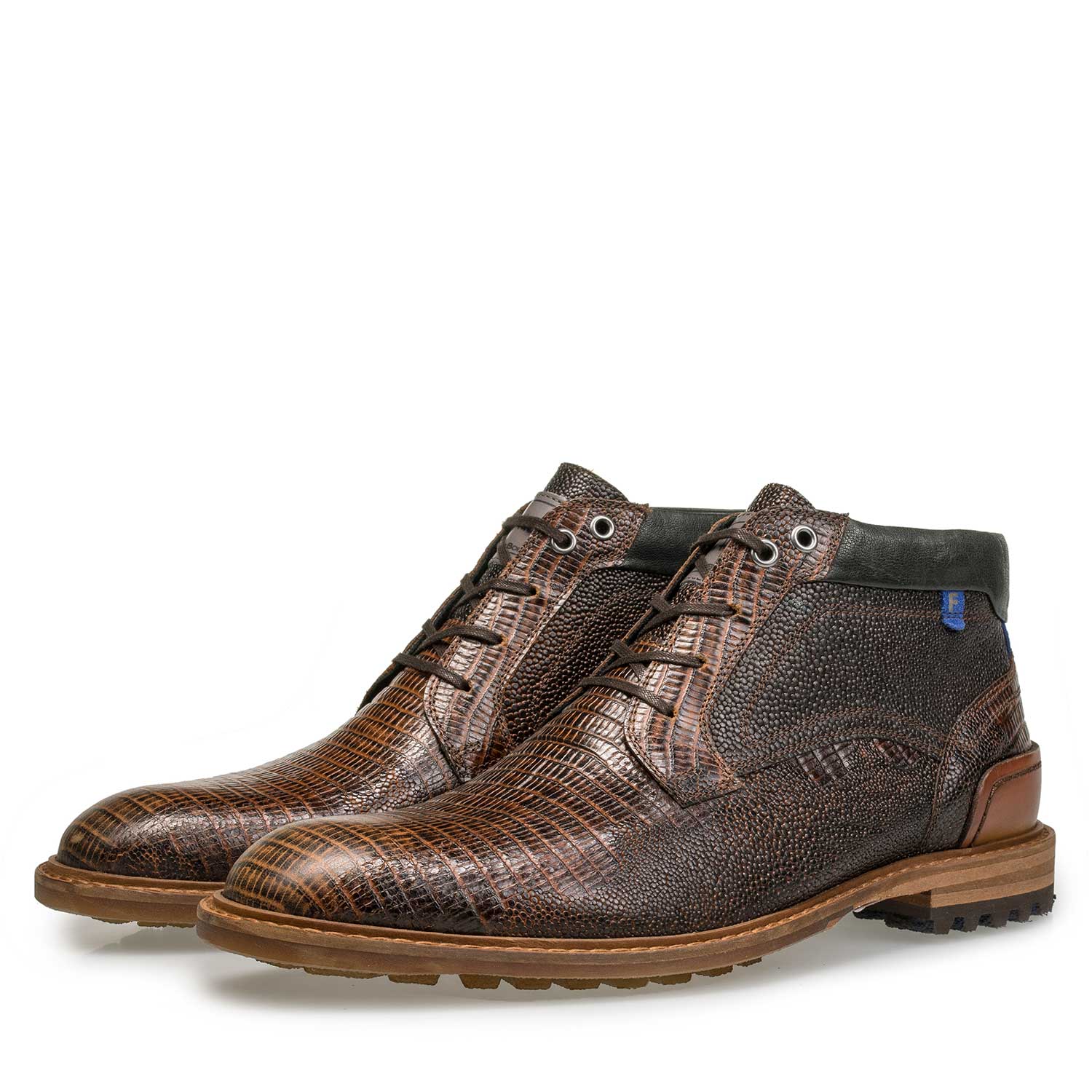 10228/00 - Cognac-coloured leather lace boot with lizard print 10228/00 - Cognac-coloured leather lace boot with lizard print