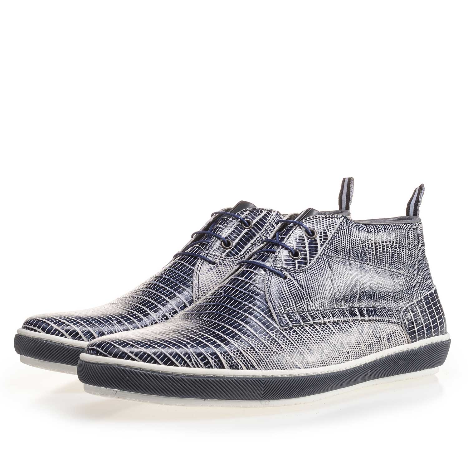 10949/01 - Blue leather lace boot finished with a lizard print 10949/01 - Blue leather lace boot finished with a lizard print