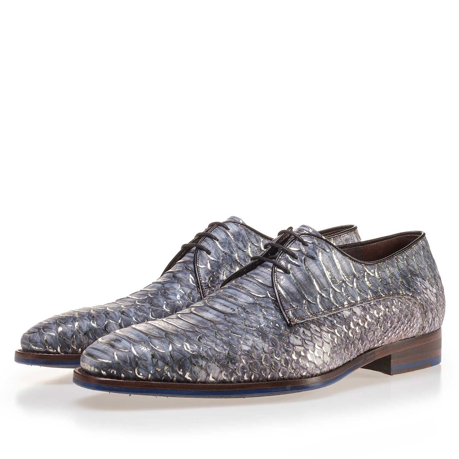 14170/00 - Premium blue leather lace shoe with a snake print 14170/00 - Premium blue leather lace shoe with a snake print