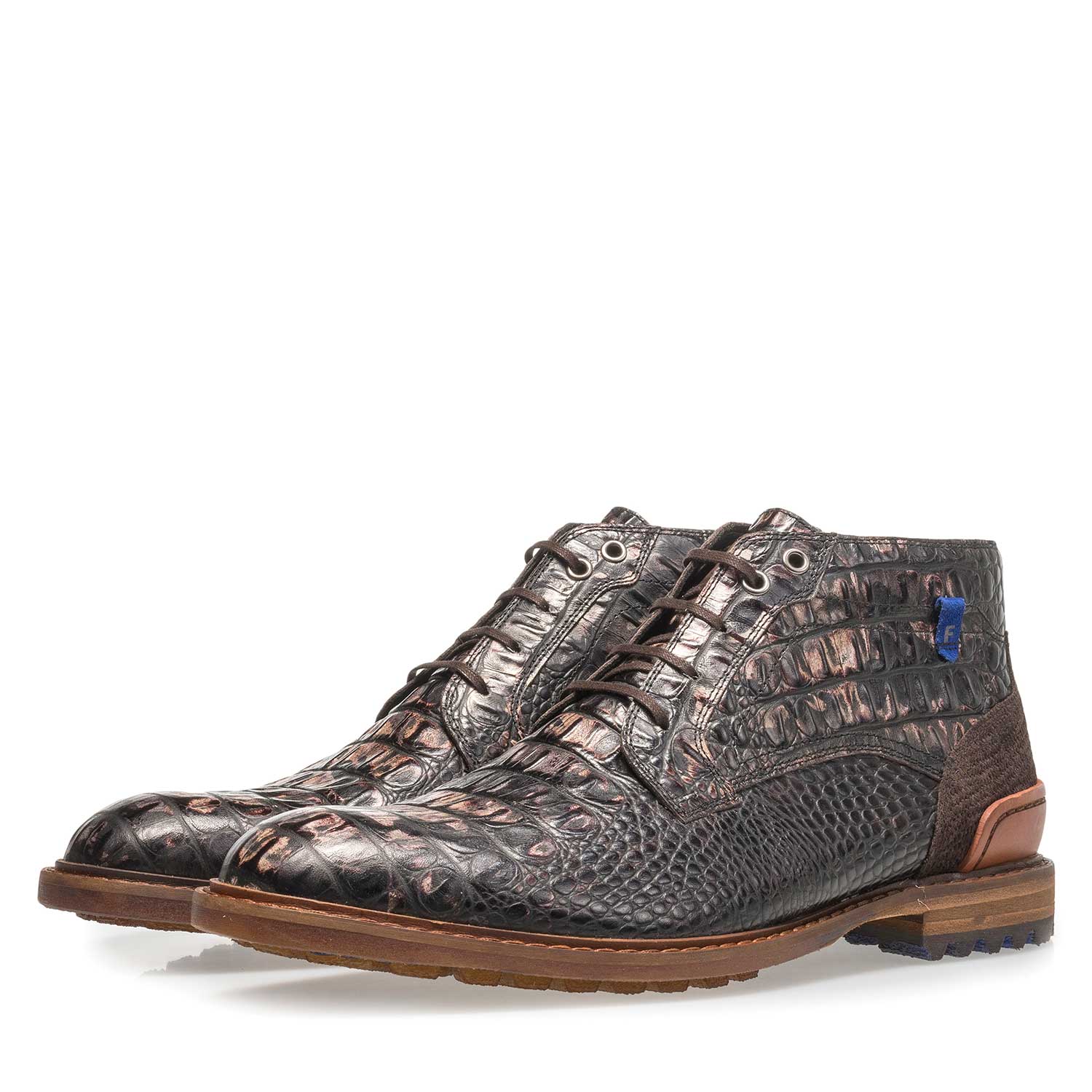 20228/22 - Dark brown leather lace boot with croco print 20228/22 - Dark brown leather lace boot with croco print