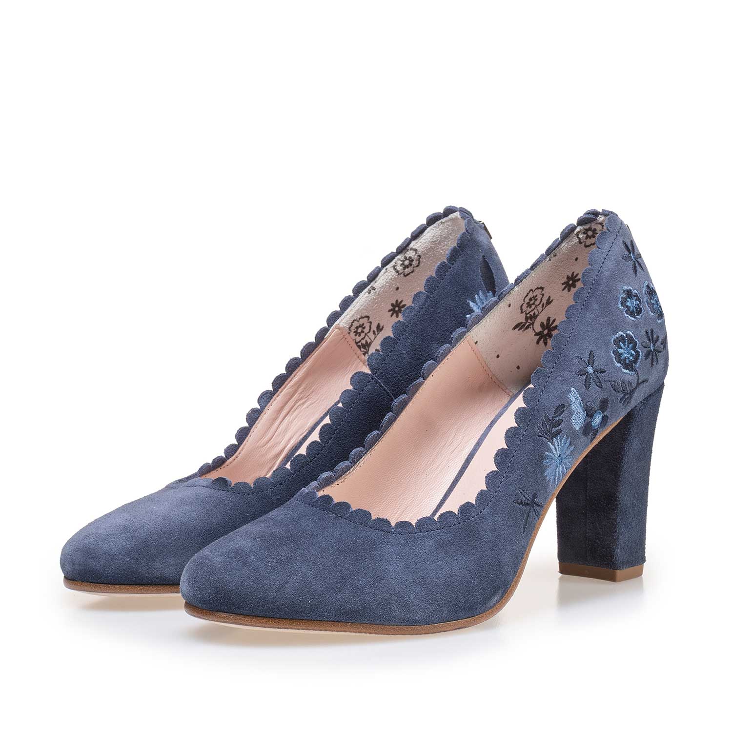 85238/00 - Blue suede leather pumps with floral embroidery stitching 85238/00 - Blue suede leather pumps with floral embroidery stitching