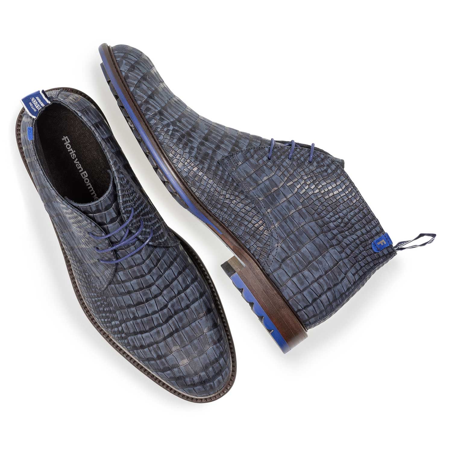 10203/22 - Dark blue nubuck leather lace shoe with croco print 10203/22 - Dark blue nubuck leather lace shoe with croco print