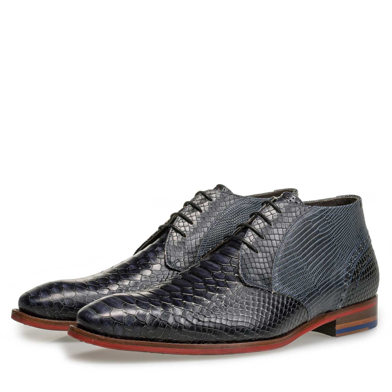 20105/01 - Mid-high blue leather lace shoe with snake print 20105/01 - Mid-high blue leather lace shoe with snake print