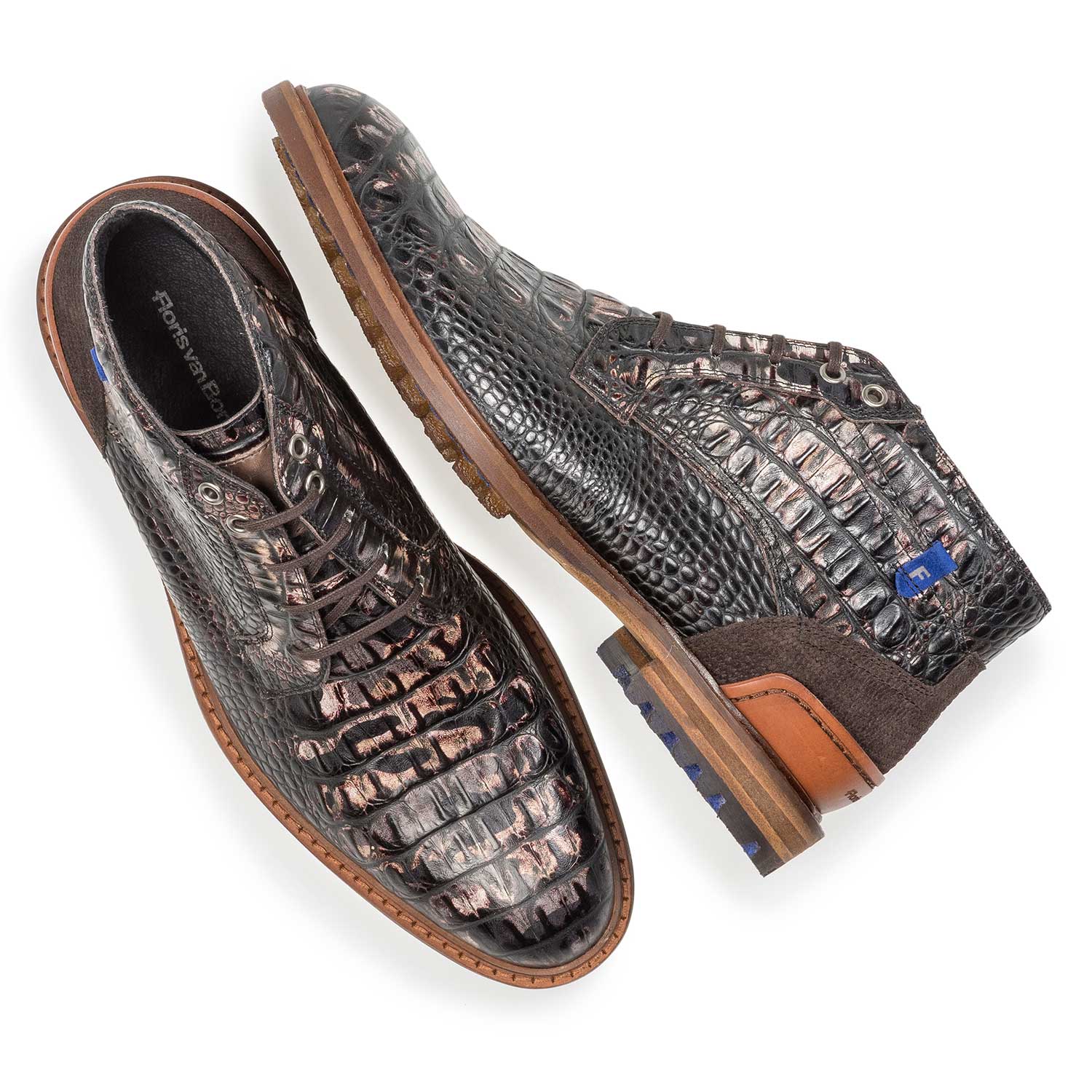 20228/22 - Dark brown leather lace boot with croco print 20228/22 - Dark brown leather lace boot with croco print