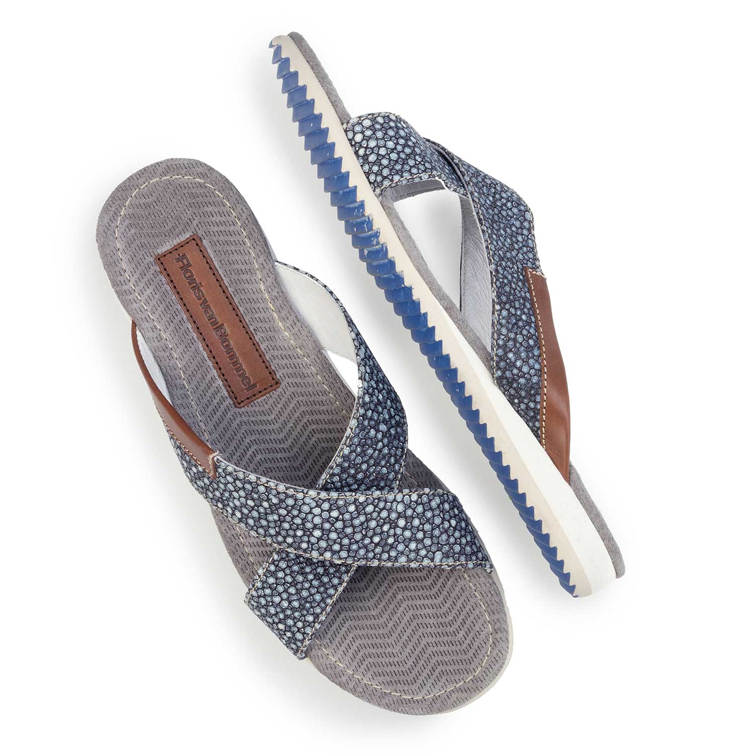 20023/19 - Blue, printed leather slipper with cross straps 20023/19 - Blue, printed leather slipper with cross straps