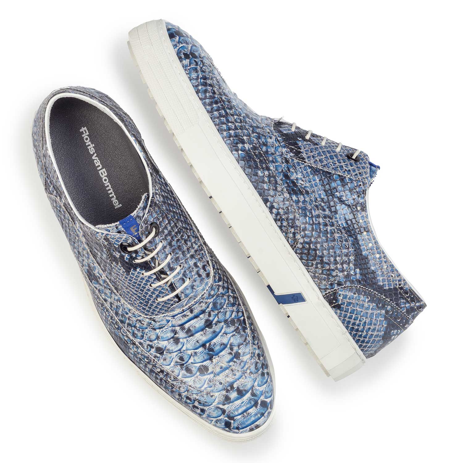 19071/13 - Blue brogue leather sneaker with a snake print 19071/13 - Blue brogue leather sneaker with a snake print