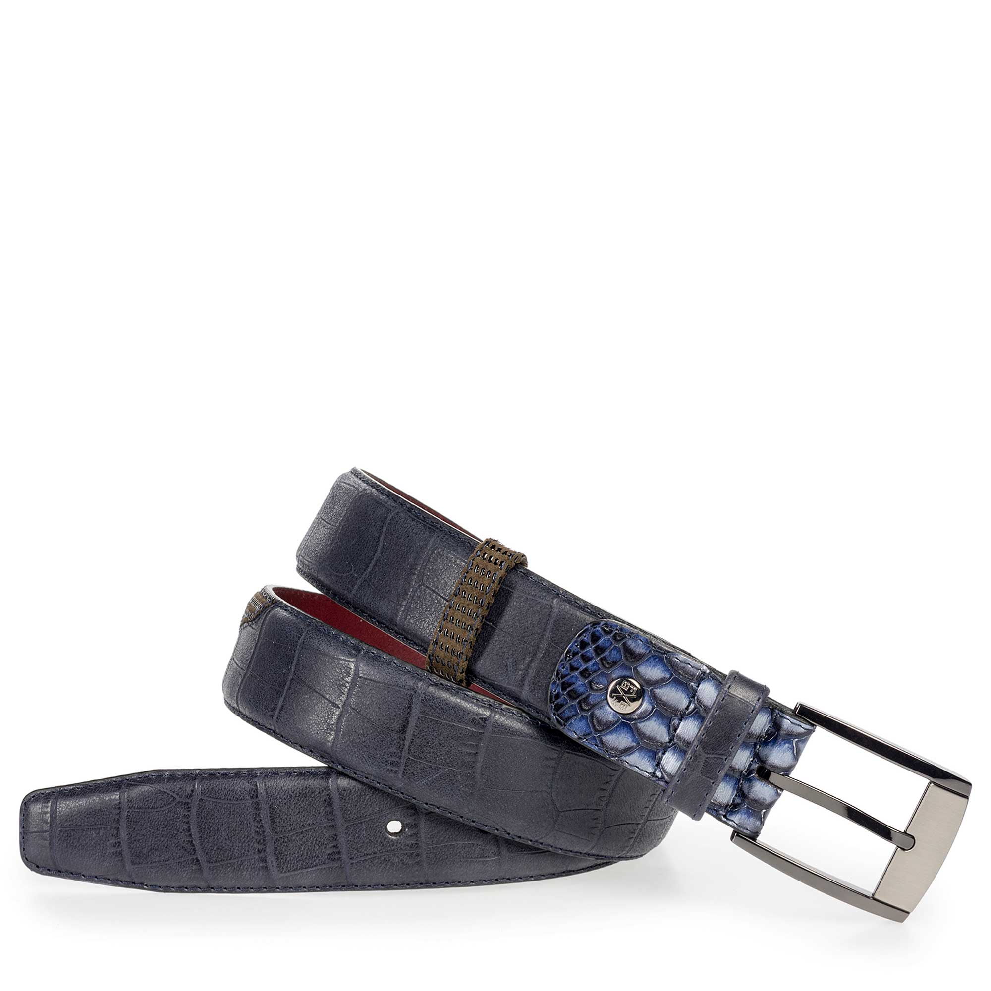 75176/07 - Dark blue calf's leather belt with croco print 75176/07 - Dark blue calf's leather belt with croco print