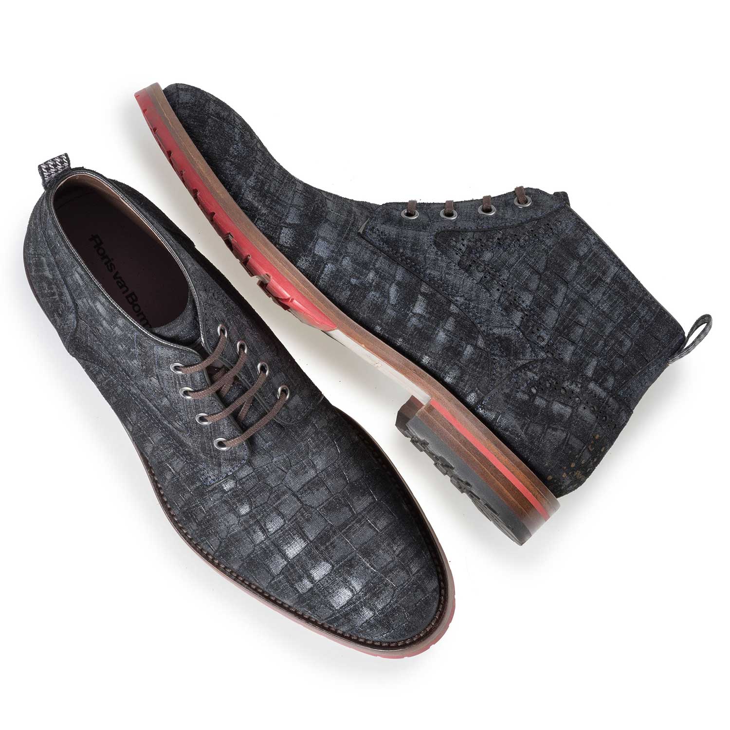 10317/08 - Blue suede leather lace boot with a check pattern 10317/08 - Blue suede leather lace boot with a check pattern