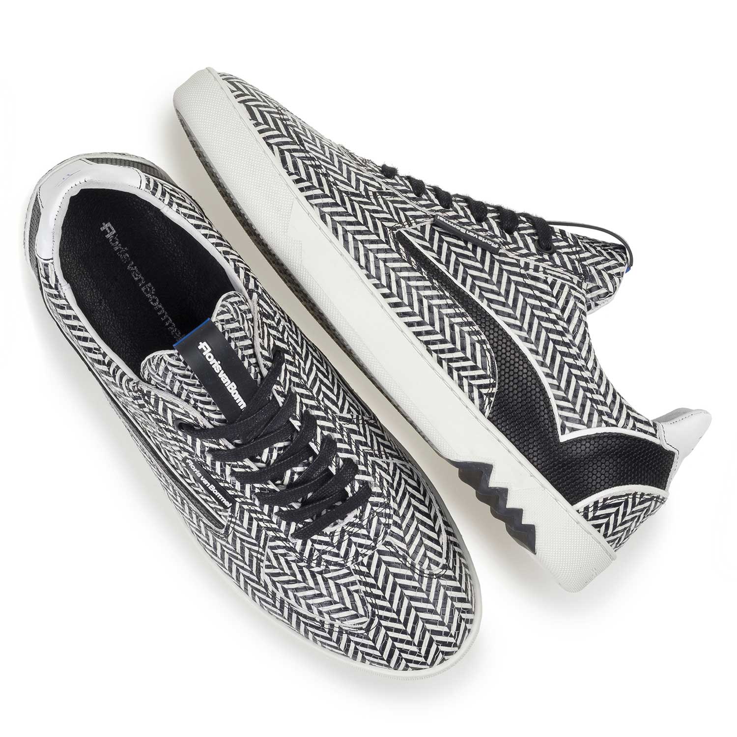 16342/07 - Black & white leather sneaker with a herringbone pattern 16342/07 - Black & white leather sneaker with a herringbone pattern