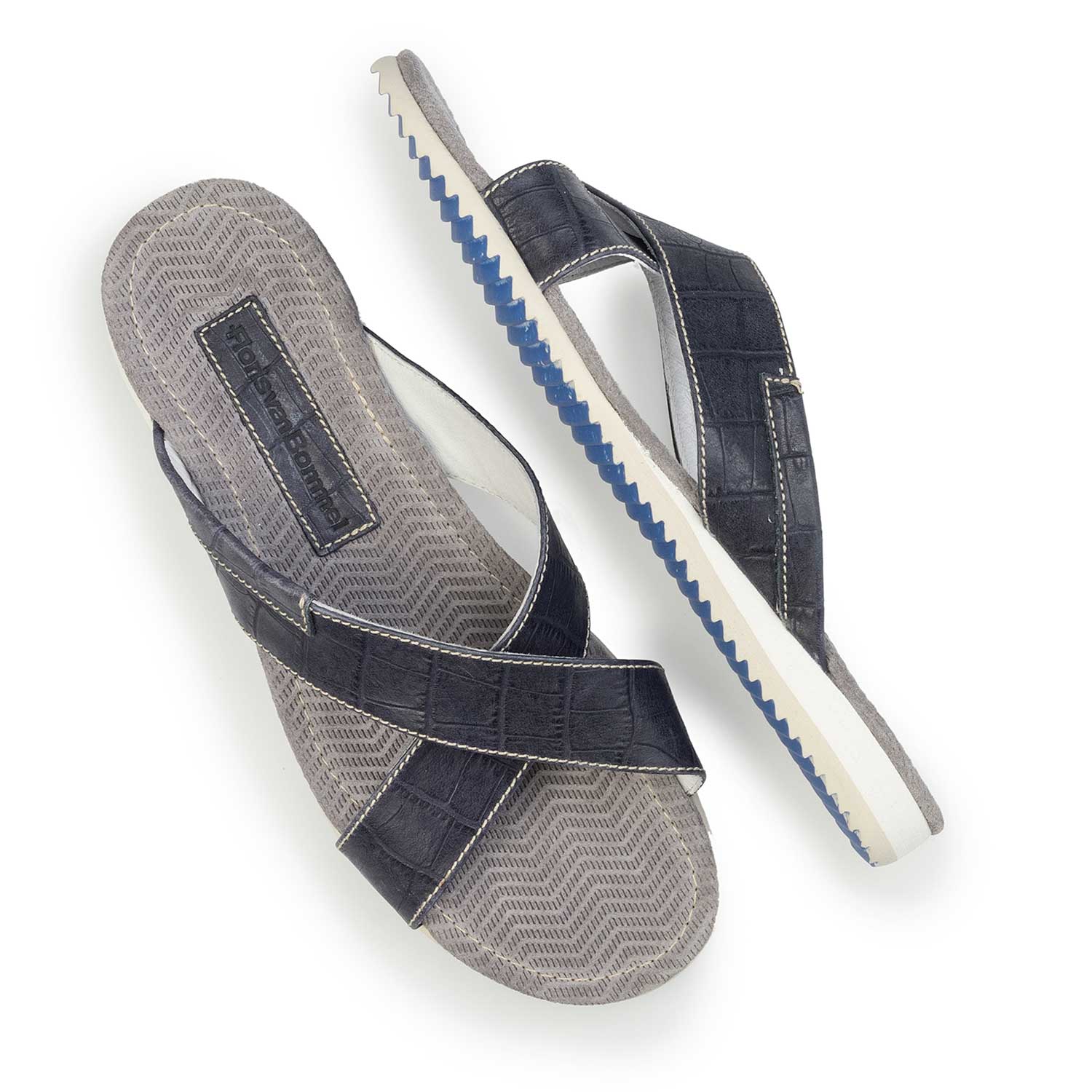 20023/21 - Dark blue leather slipper with cross straps and croco print 20023/21 - Dark blue leather slipper with cross straps and croco print