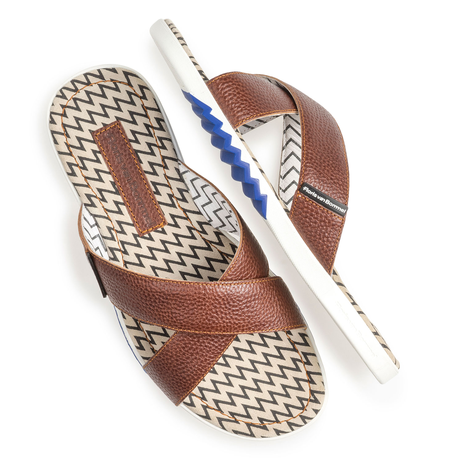 20200/10 - Cognac-coloured calf leather cross strap slipper with print 20200/10 - Cognac-coloured calf leather cross strap slipper with print