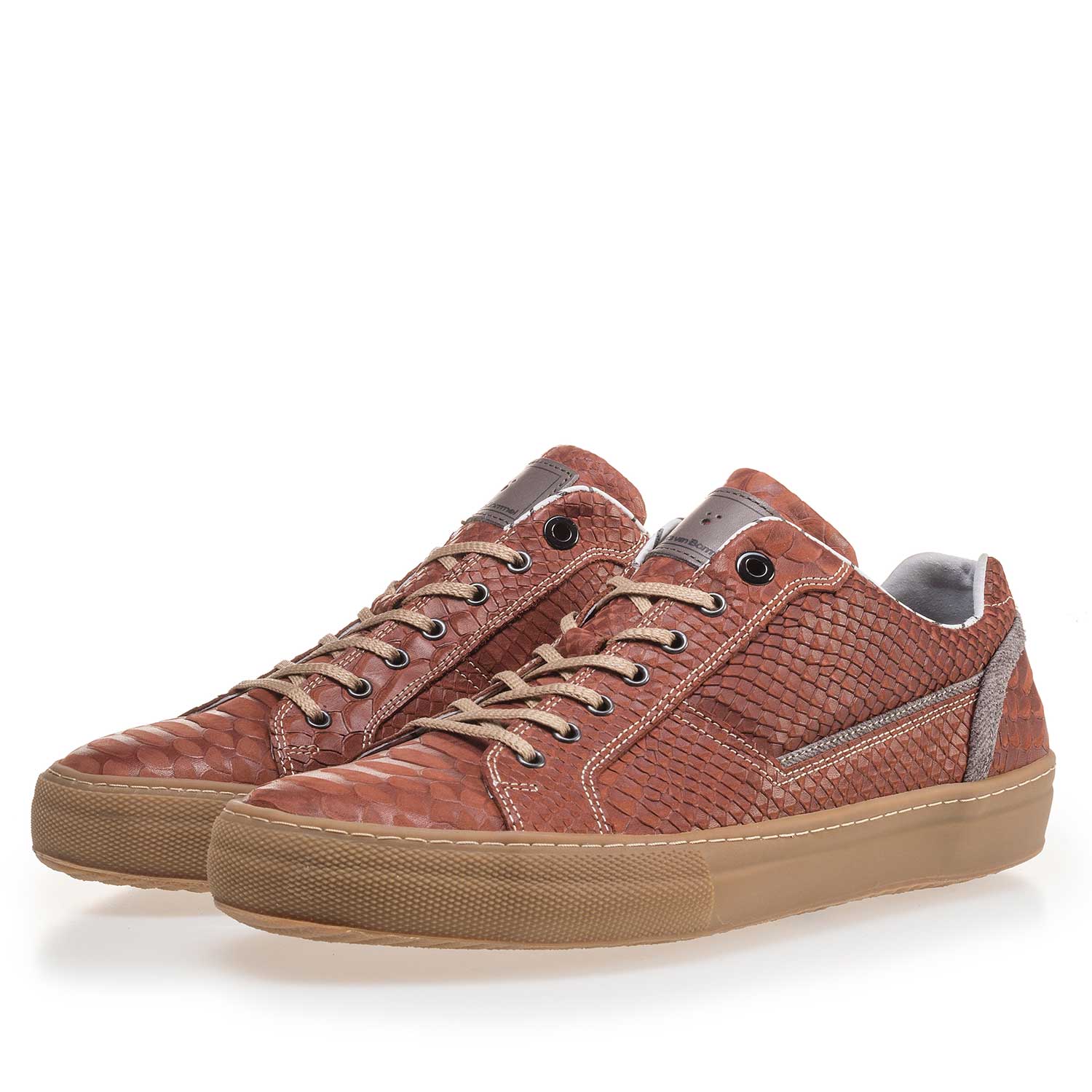14448/13 - Cognac-coloured leather sneaker with a snake print 14448/13 - Cognac-coloured leather sneaker with a snake print