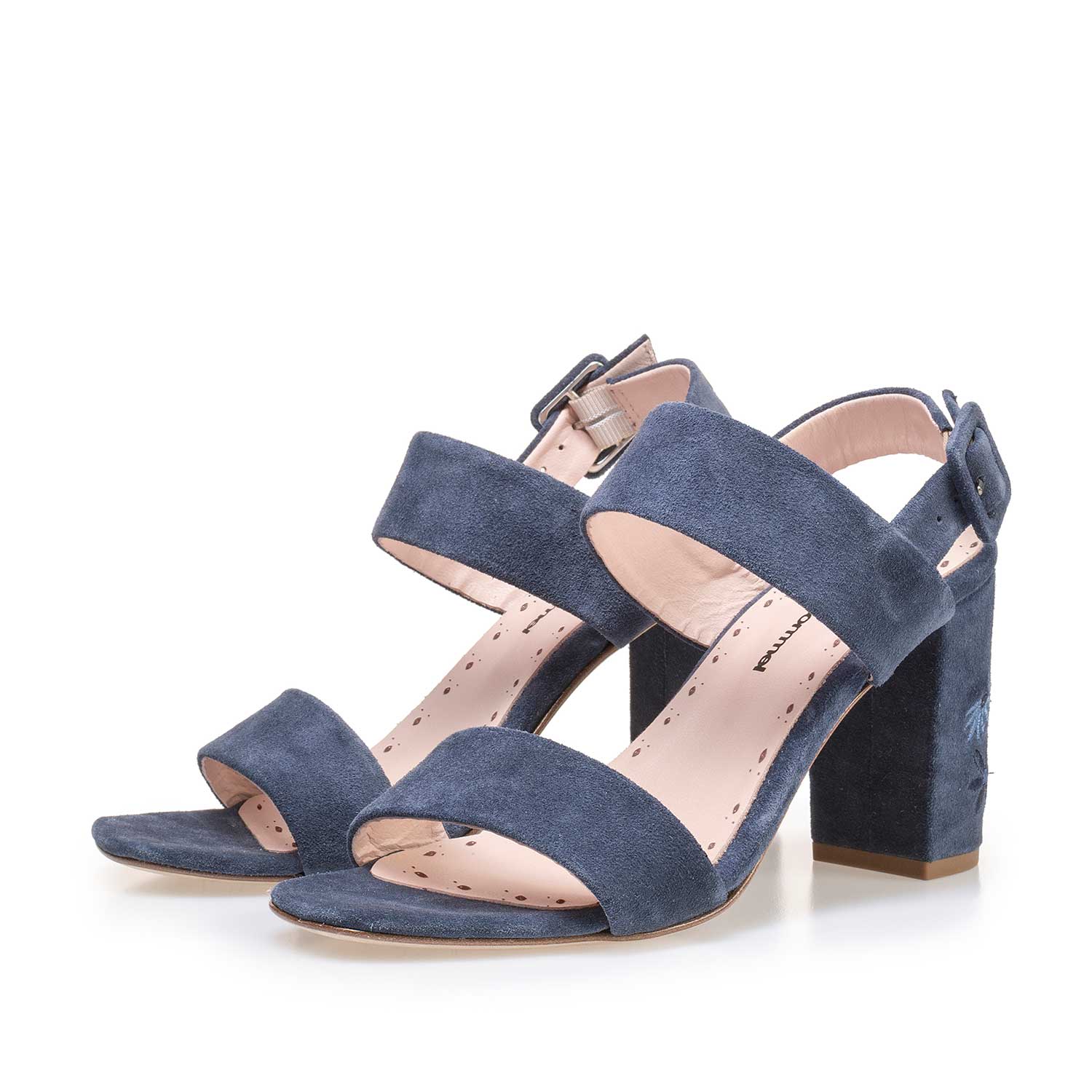 85239/00 - Denim blue calf's suede leather sandal with floral embroidery stitching 85239/00 - Denim blue calf's suede leather sandal with floral embroidery stitching